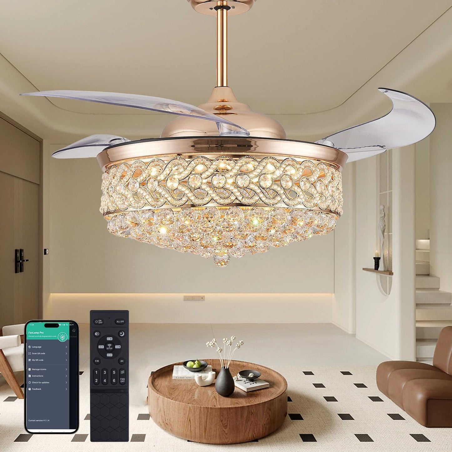 Candelabro dorado 52pulg ventilador techo cristal