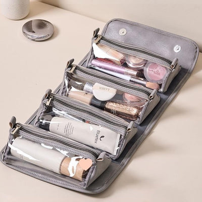 Bolsa maquillaje 4en1 cuero impermeable plegable gris