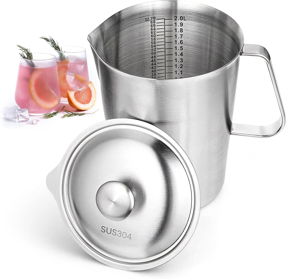 Jarra acero inox 70oz con tapa asa vaso graduado 2L