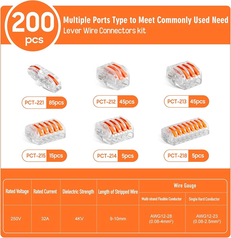 Kit 200 Conectores Palanca Alambre AWG 28-12