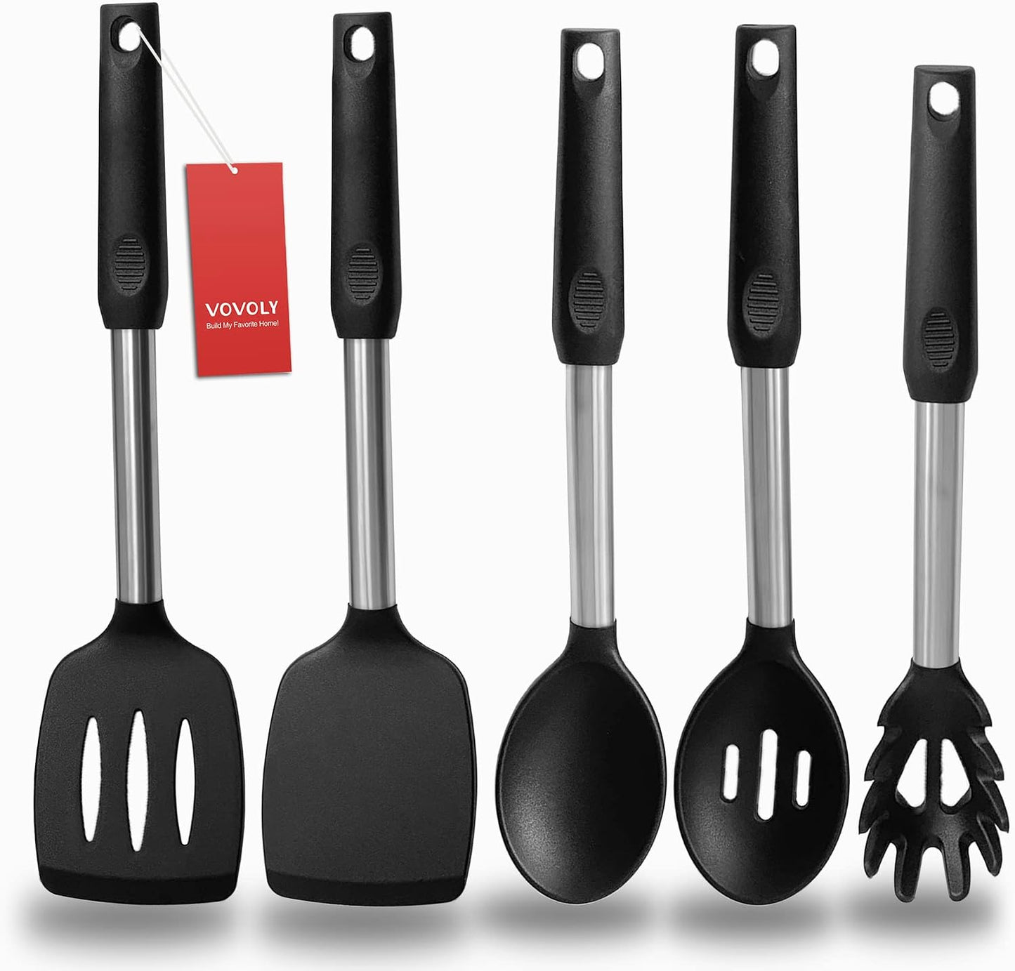 Set 5 Utensilios Cocina Silicona Antiadherente Mango Acero Inox