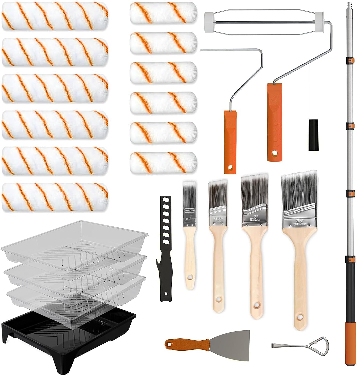 Kit 27 Pzas Rodillos Pintura 9x4pulg Poste 1-4ft Microfibra Naranja