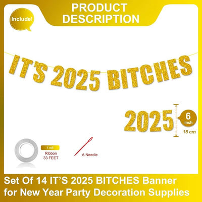 Cartel dorado purpurina IT'S 2025 BITCHES Año Nuevo fiesta
