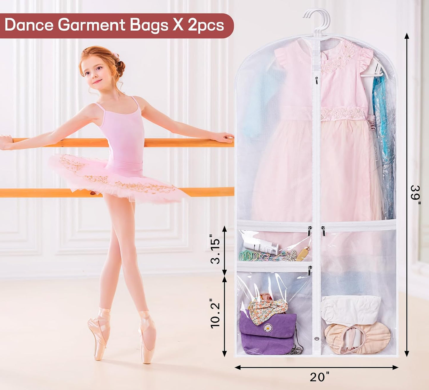 Bolsa ropa baile con 3 bolsillos transparentes cremallera
