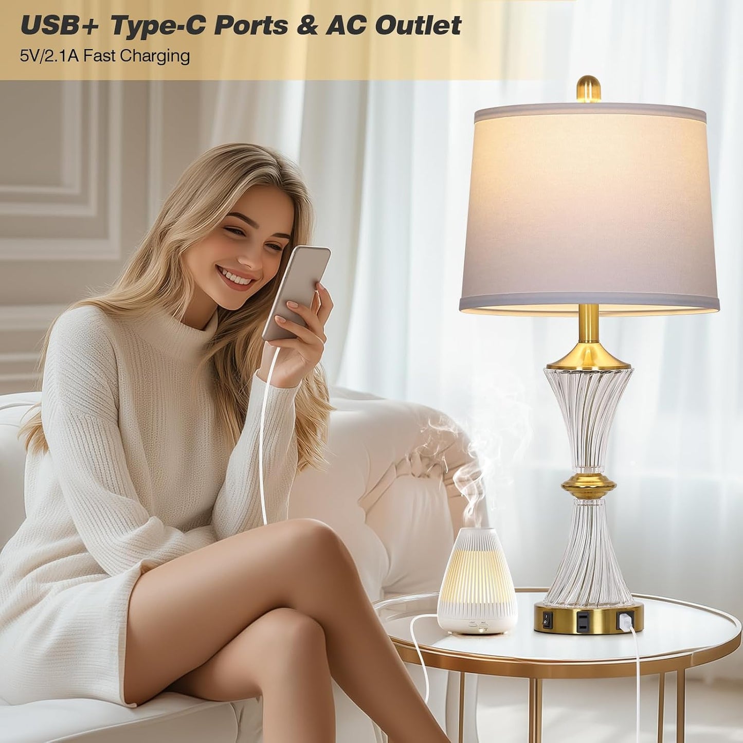 2 Lámparas Mesa Cristal Puertos USB Salida CA Dormitorio