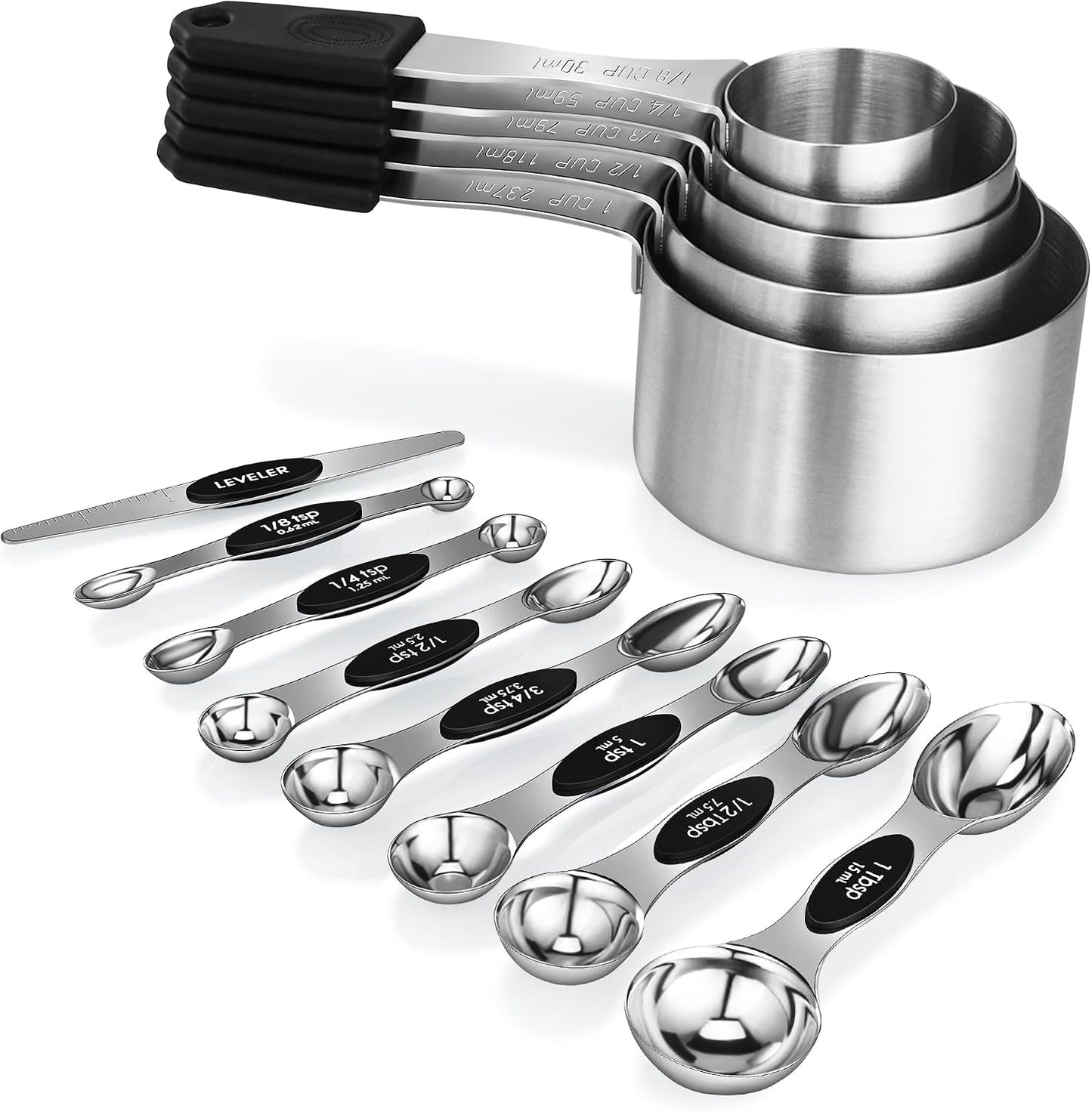 Set 5 Tazas y 8 Cucharas Medidoras Acero Inox con Nivelador