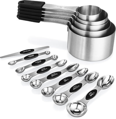 Set 5 Tazas y 8 Cucharas Medidoras Acero Inox con Nivelador