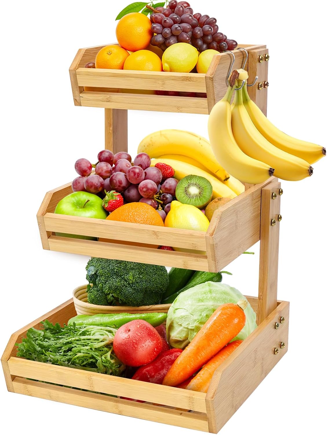 Soporte bambú 3 niveles para frutas y verduras con gancho plátano