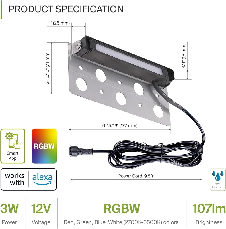 Lámpara LED pared 7pulg RGBW control voz impermeable negro