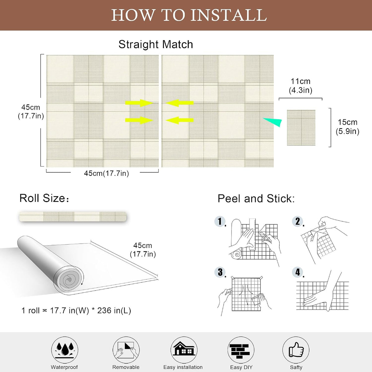 Papel pintado cuadros neutros autoadhesivo impermeable 17.7x236pulg