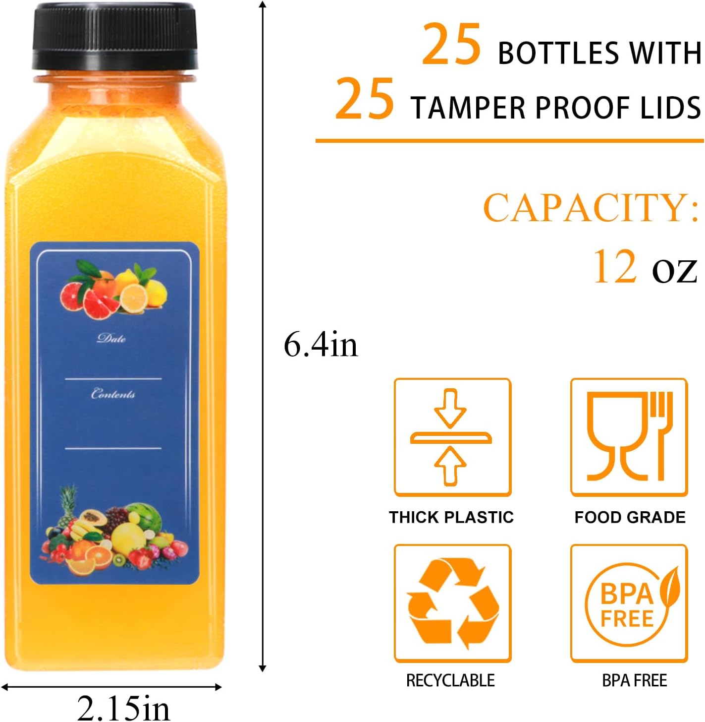 25 Botellas Plástico 12oz Cuadradas con Tapas para Jugo