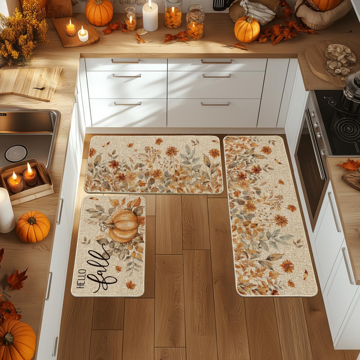 3 Tapetes cocina Hello Fall 17x29pulg 17x36pulg