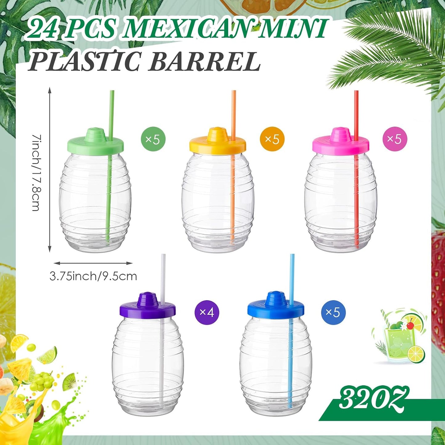 24 Vasos Plástico 32oz con Popote Tapa Fiesta