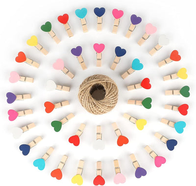 100 Pinzas Ropa con Cuerda Corazón 10 Colores 98pies Yute