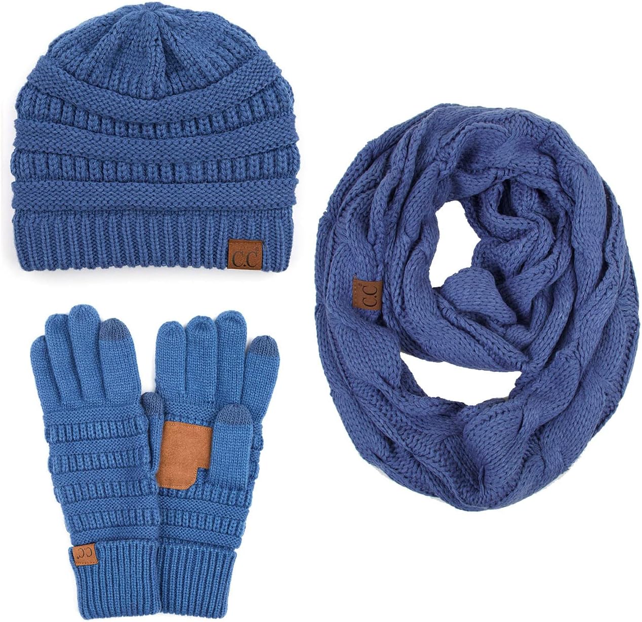 Set 3 Gorros Bufandas Guantes Punto Trenzado Elástico Cálido