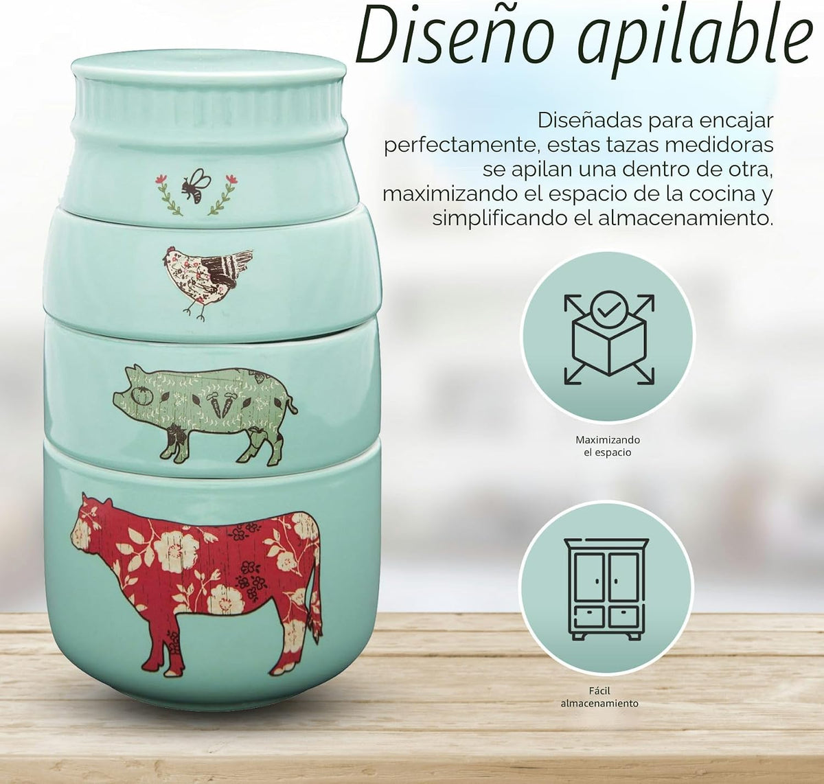 Set 4 Tazas Medidoras Gres Estilo Granja para Cocina