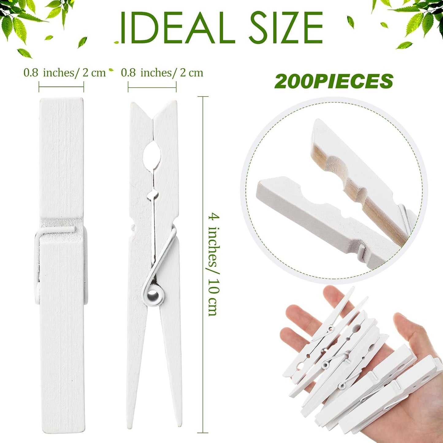 200 Pinzas Madera Resistentes para Colgar Ropa 4" Blanco