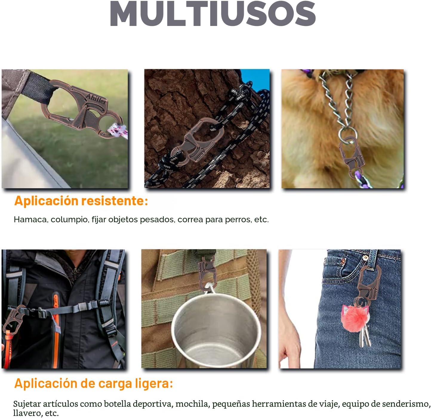 Mosquetón llavero doble cierre acero tungsteno para acampar