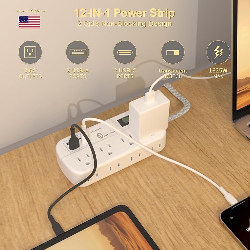 Regleta 12en1 con 8 tomacorrientes, 4 USB, extensor pared 5ft