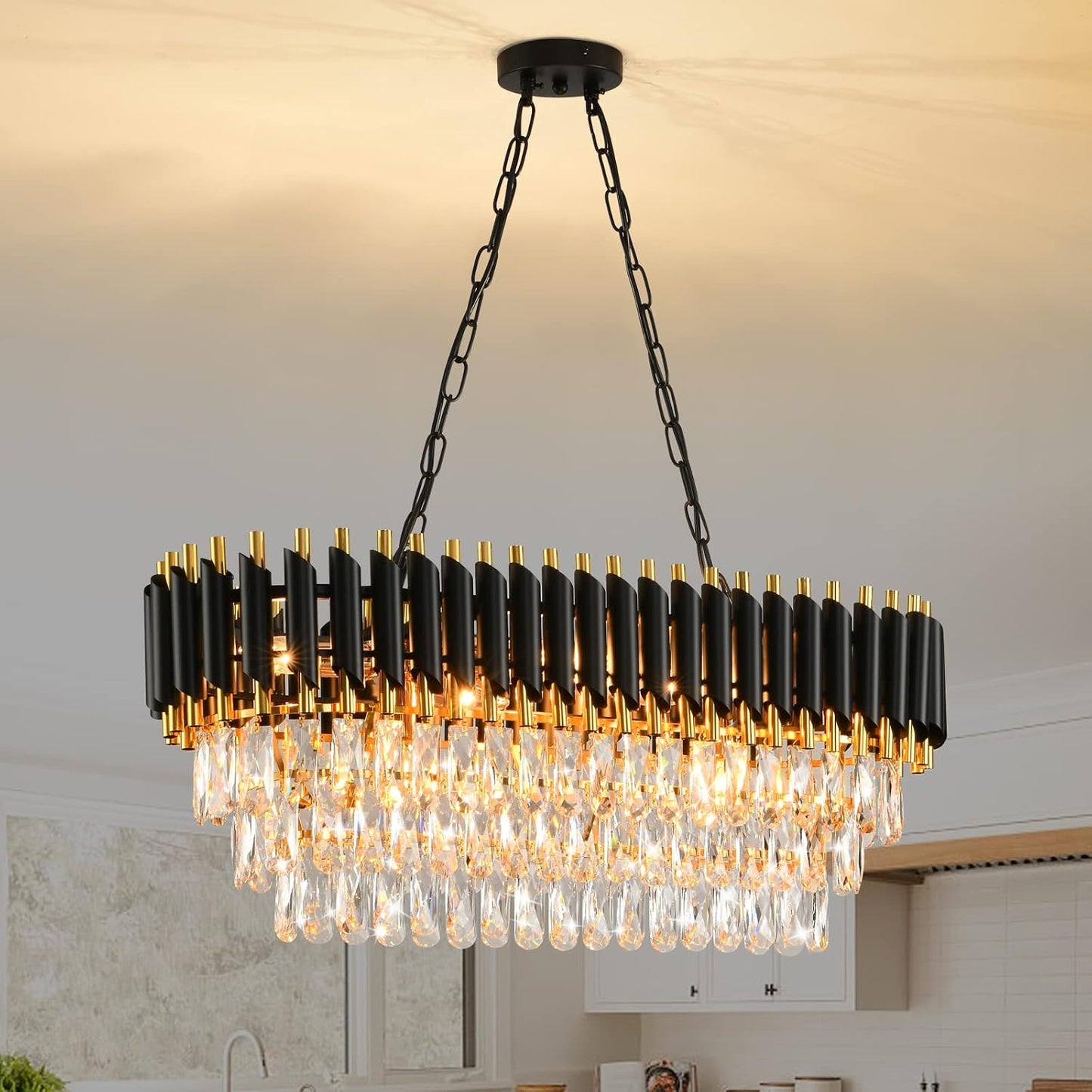 Candelabro moderno de cristal 8 luces negro y dorado 32pulg