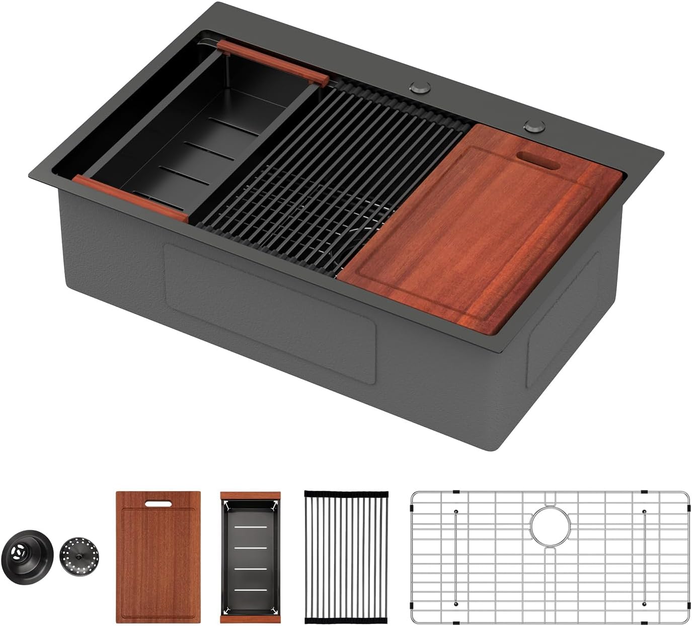 Fregadero cocina superior negro mate 33x22pulg con repisa