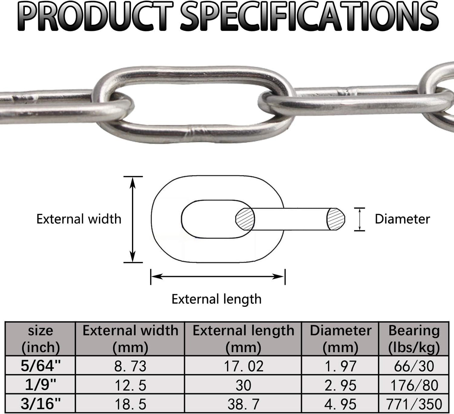 Cadena acero inox 304 16.4ft 5/64pulg para anclaje perro