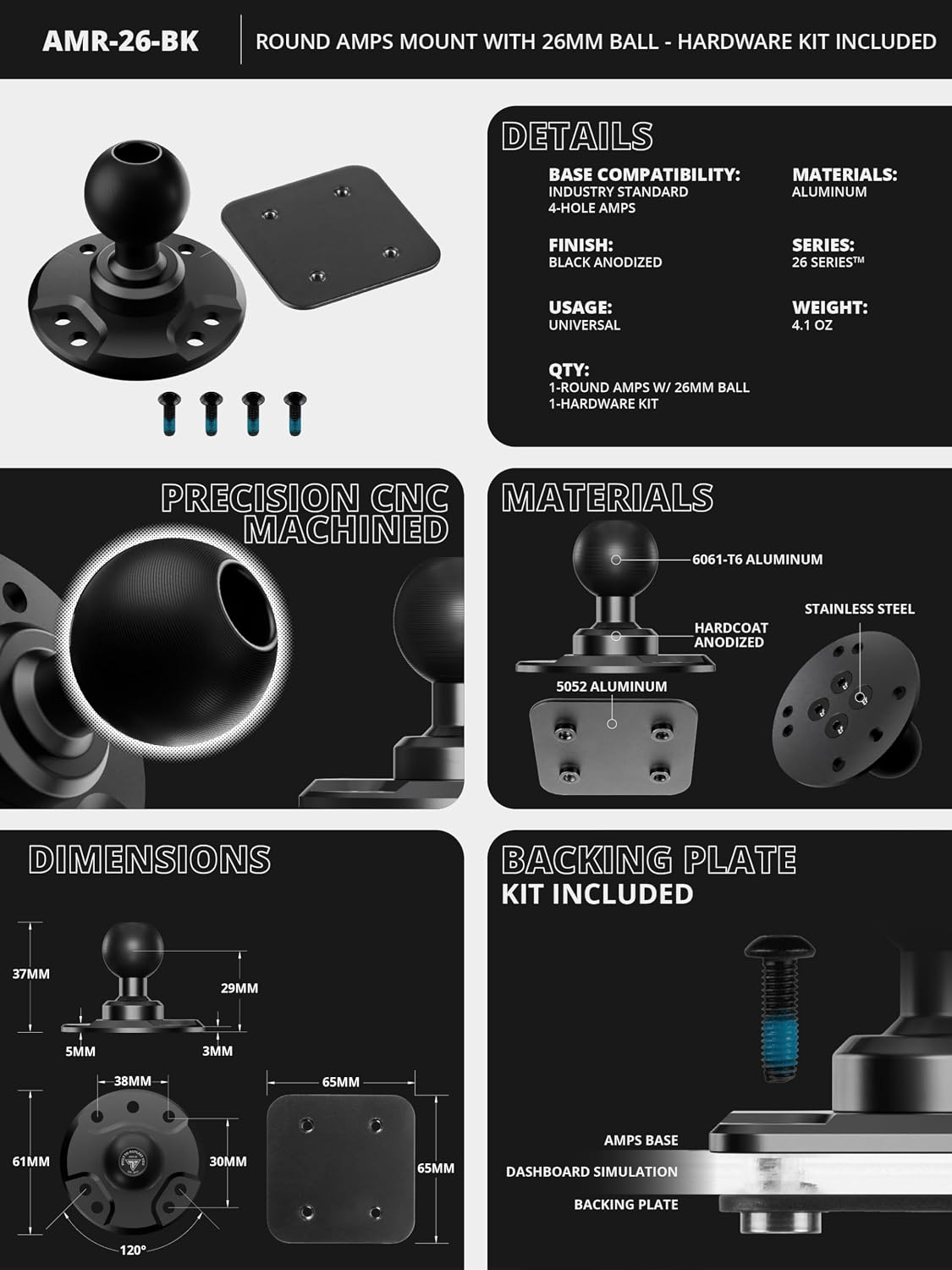 Soporte redondo AMPS para bola aluminio 6061-T6 7 agujeros
