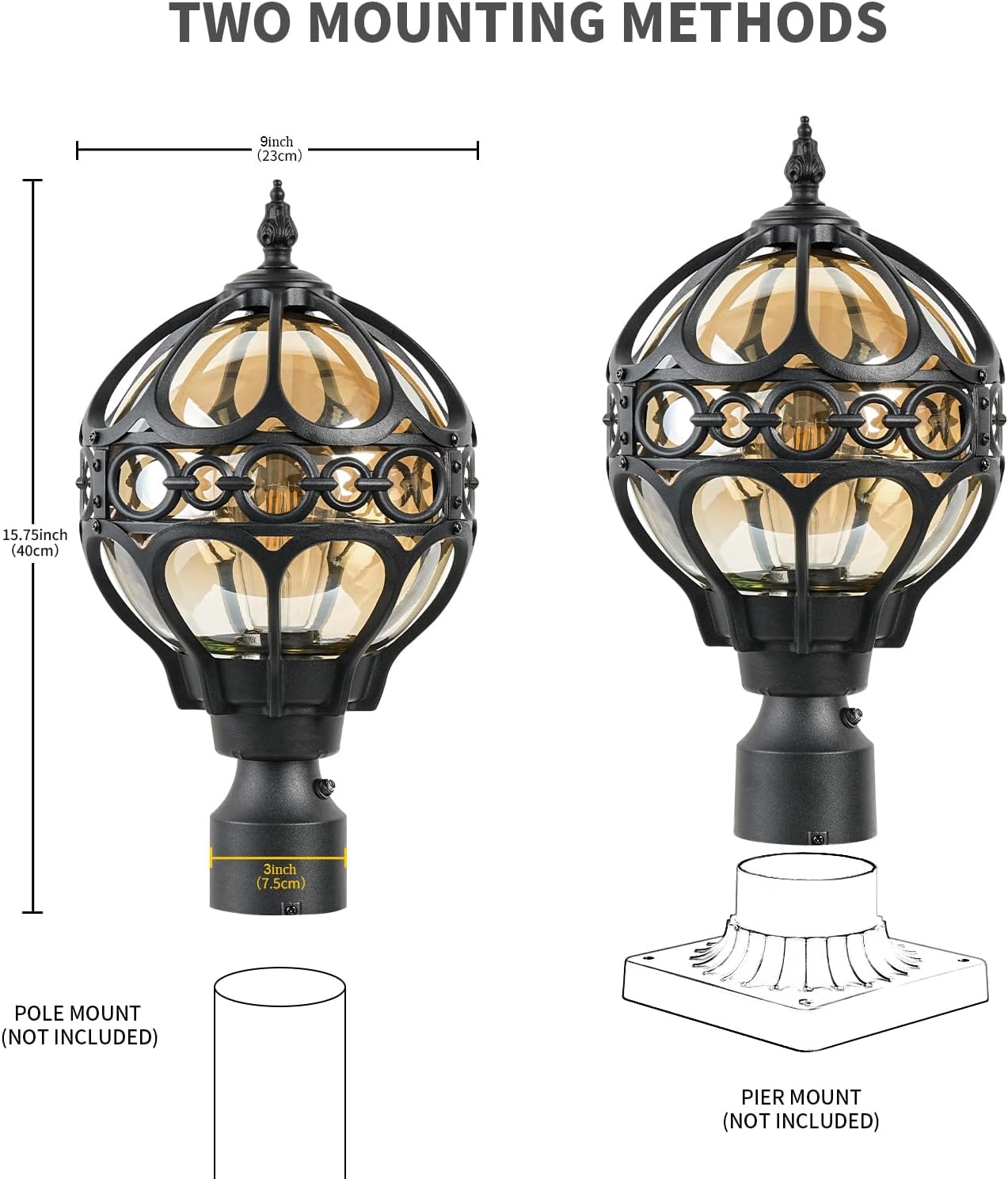 Luz poste globo exterior esfera negra para jardín entrada