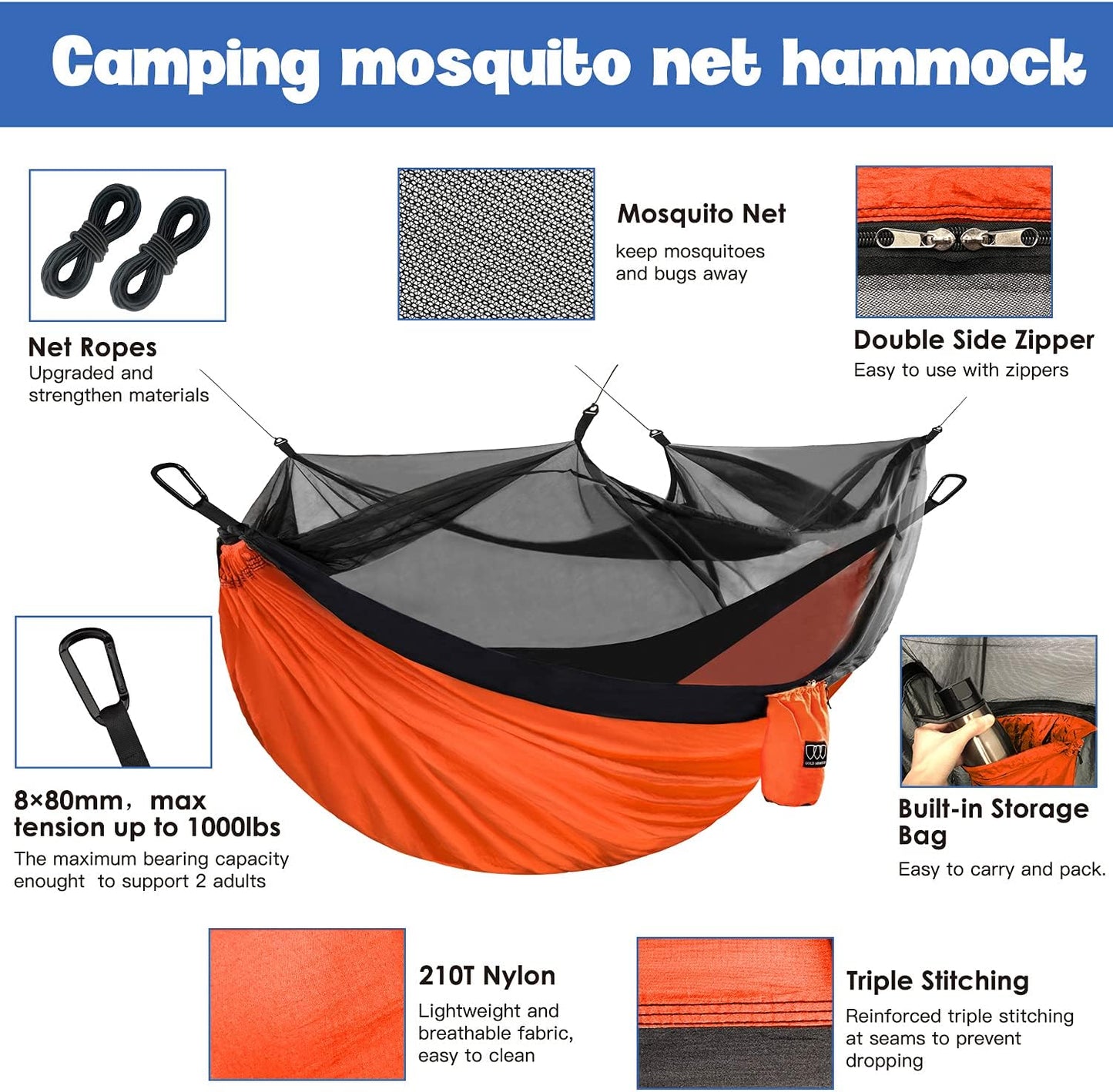 Hamaca doble con red de insectos para camping naranja