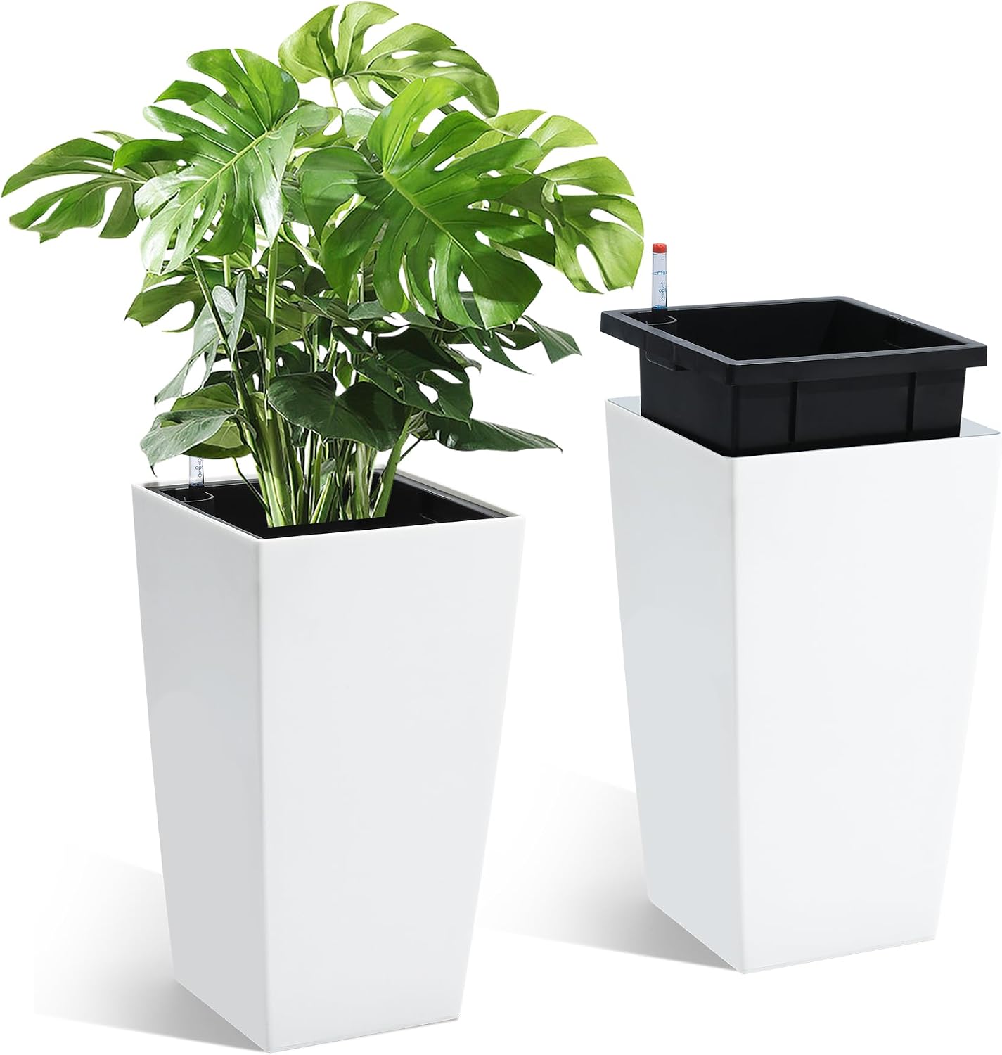 2 Pzas Maceta 16" Negro Blanco con Riego Automático