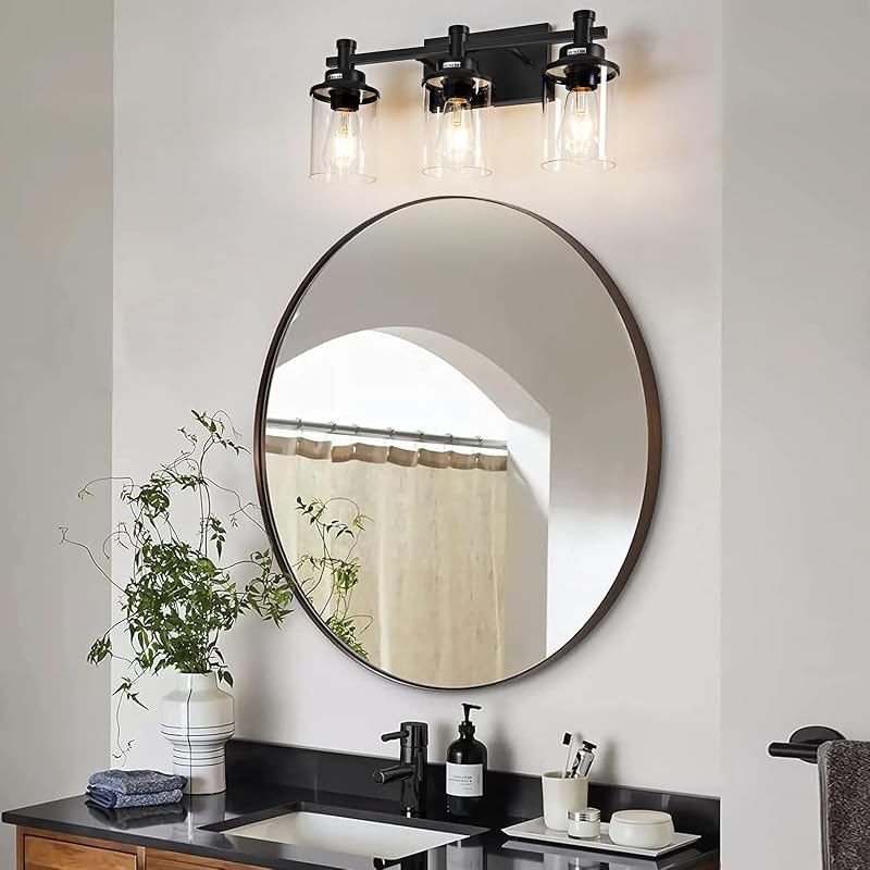 Lámpara baño 3 luces moderna negra vidrio y metal