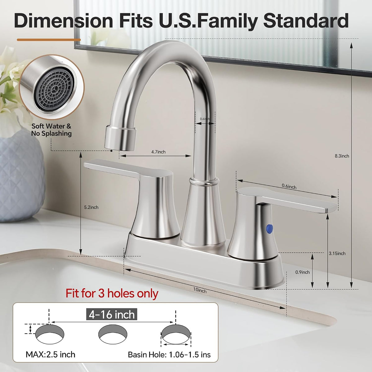 Grifos baño 3 agujeros 4pulg negro mate 2manijas