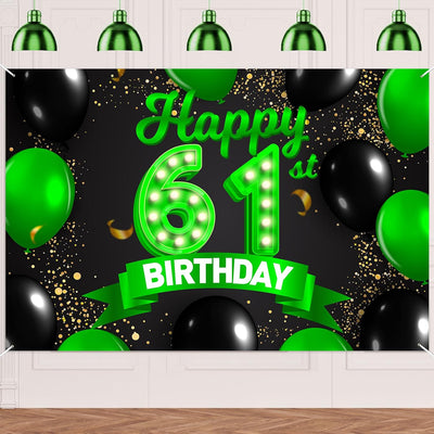 Cartel cumpleaños 61 verde y negro decoración confeti mujer