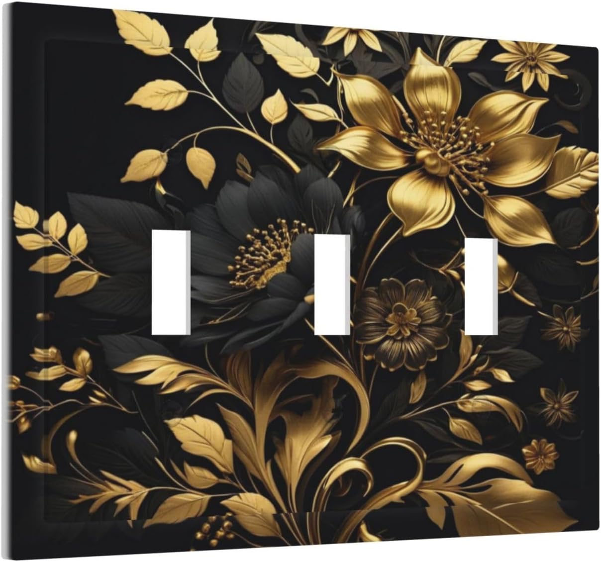 Placa interruptor decorativa con flores negras y doradas