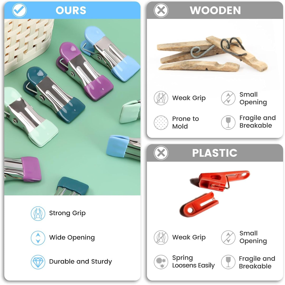 Clips para ropa, chips y alimentos 20 pzas 2.17pulg