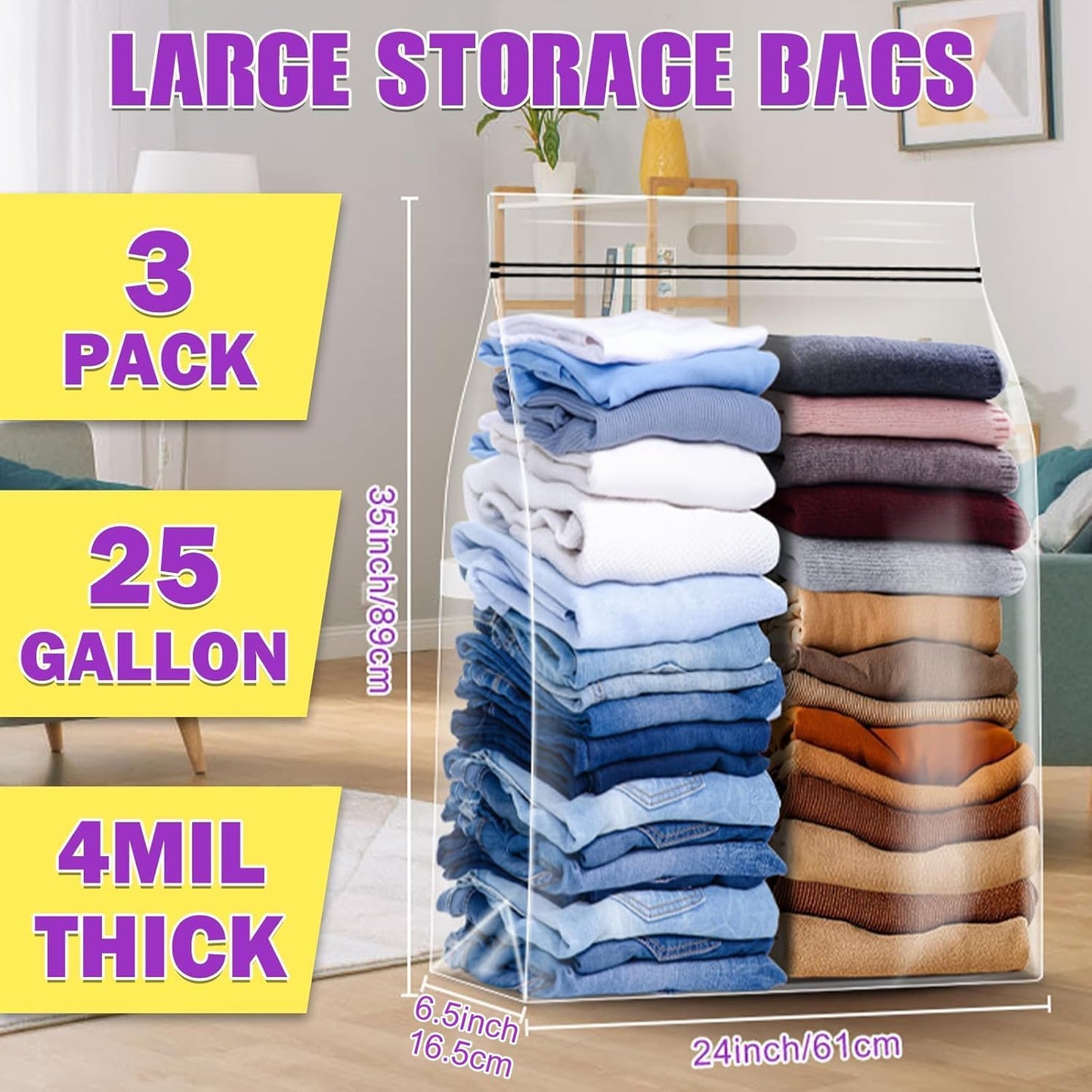 Bolsas almacenamiento 25gal 35x24 transparentes resellables
