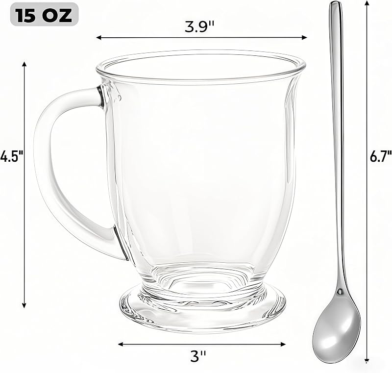 6 Tazas Vidrio 15oz con Cucharas para Café Té Capuchino