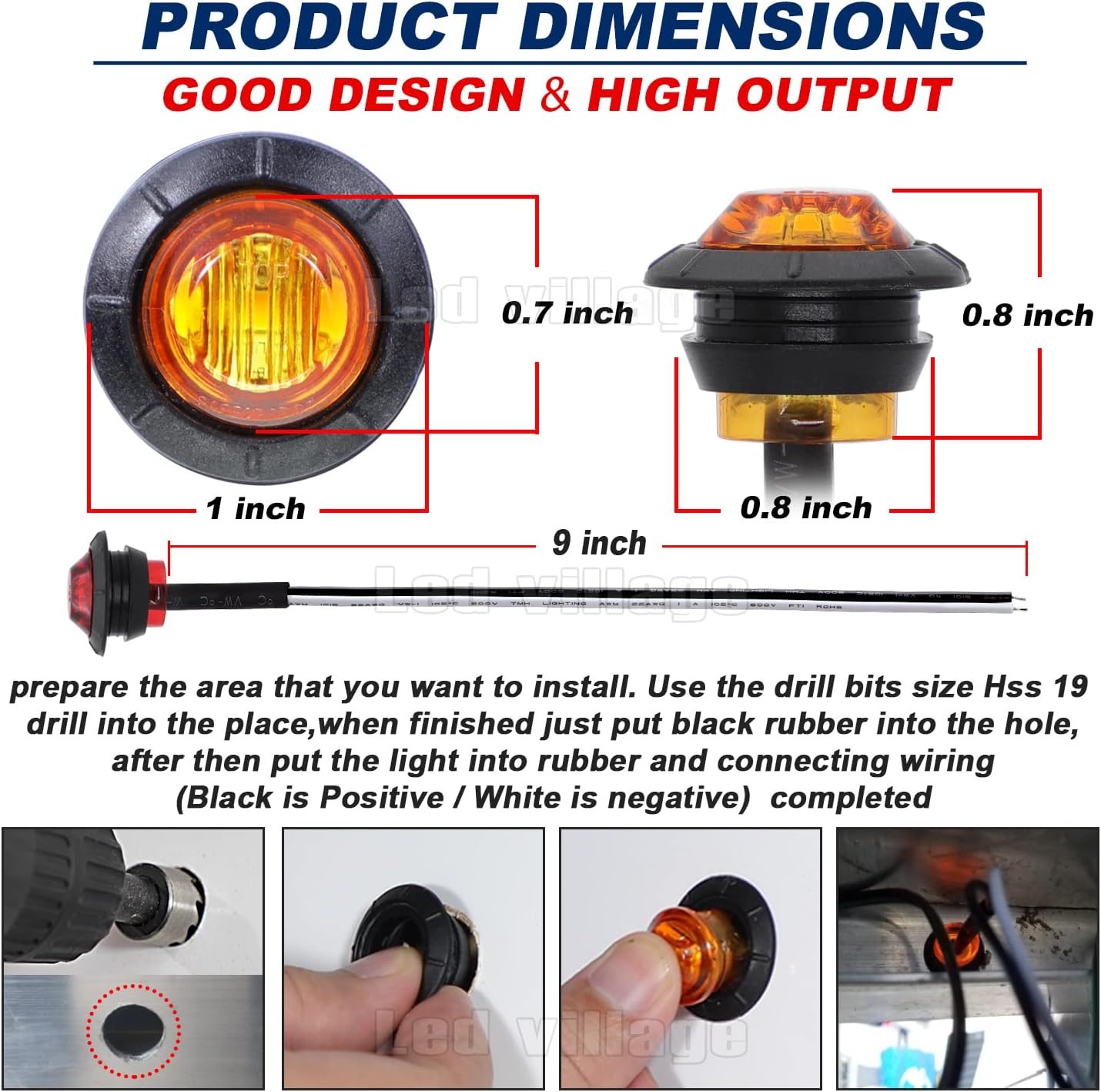 20 Luces LED Ámbar 3/4" Selladas para Remolque 12V