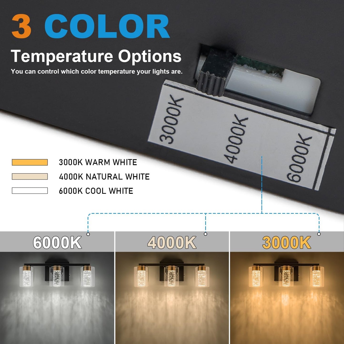 Lámpara tocador 3 luces negra dorada led regulable