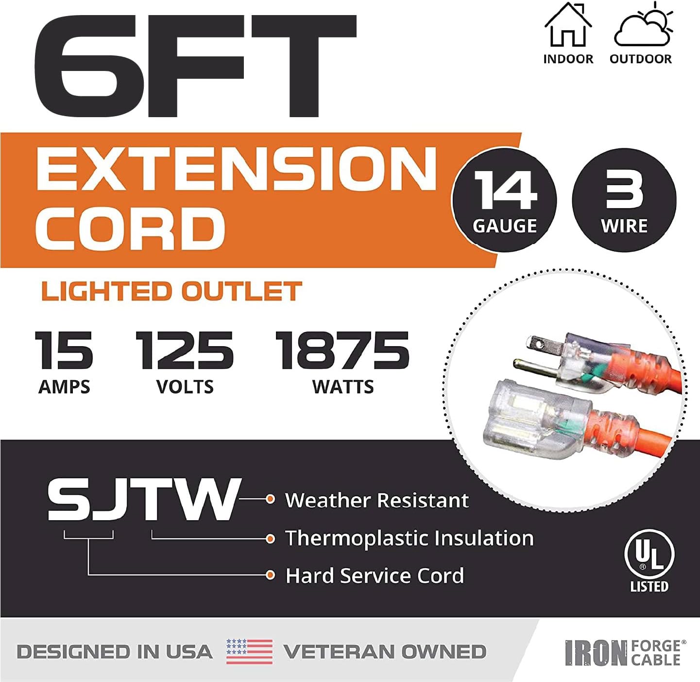 Cable extensión exterior 6ft 15A 3 clavijas naranja