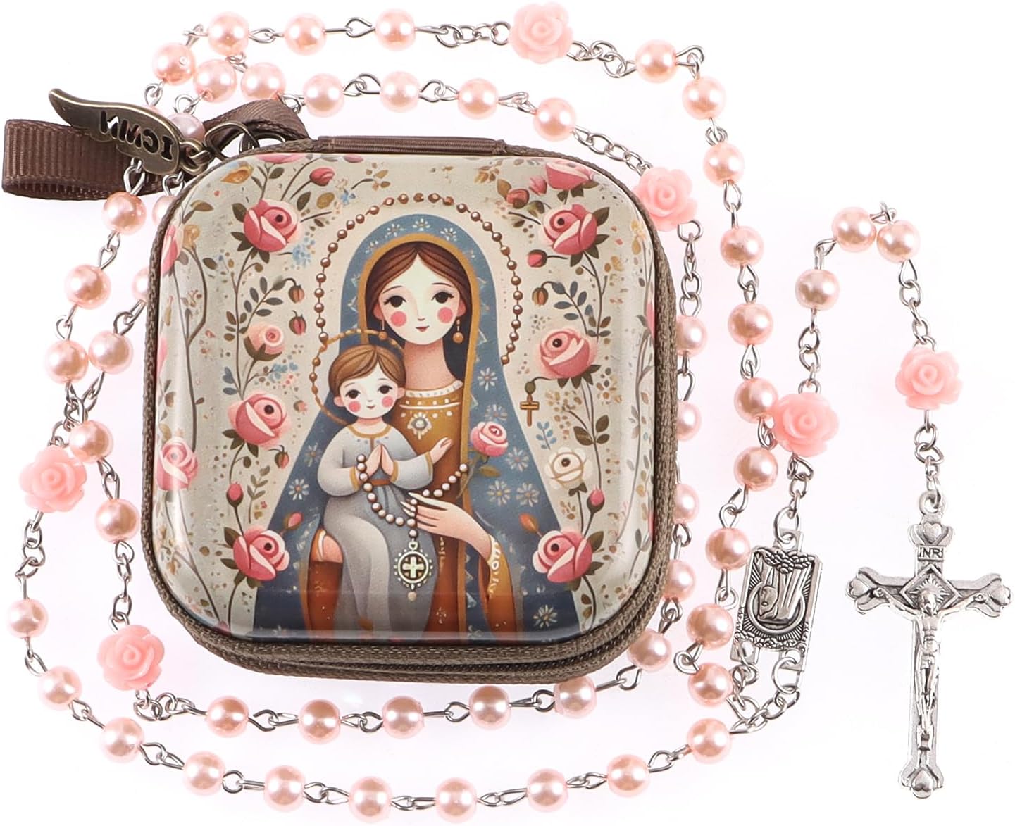Rosario católico mujer con caja vintage cuentas rosas