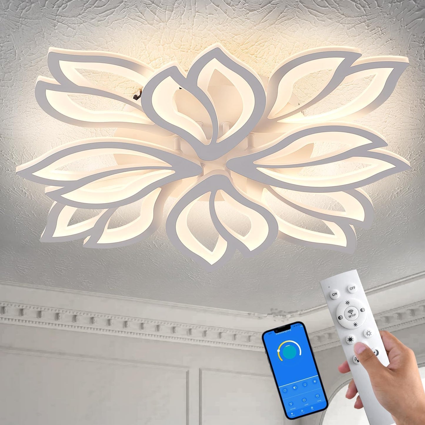 Lámpara techo LED forma flor blanca 71cm control remoto