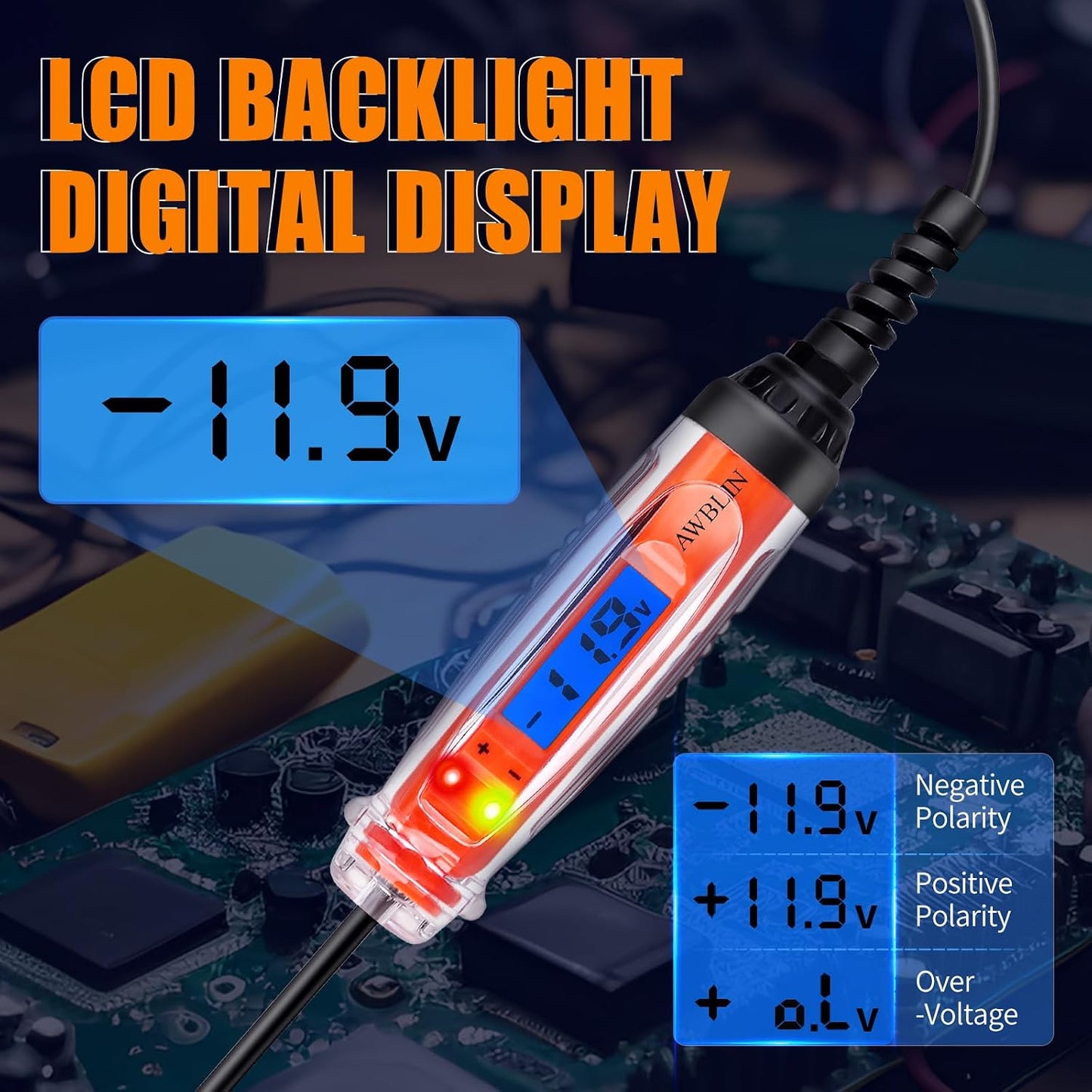 Lápiz prueba luz automotriz 3-72V DC con voltímetro LCD