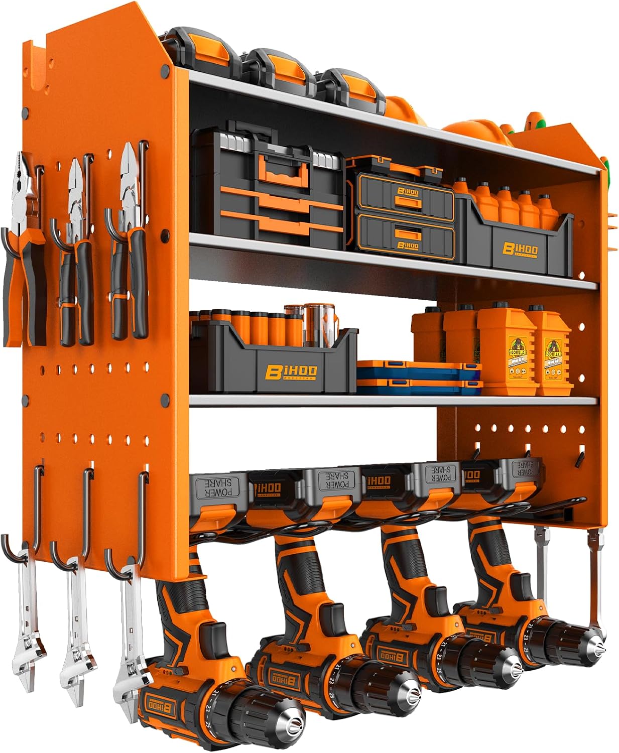 Organiz. herramientas garaje 4 niveles con ganchos naranja