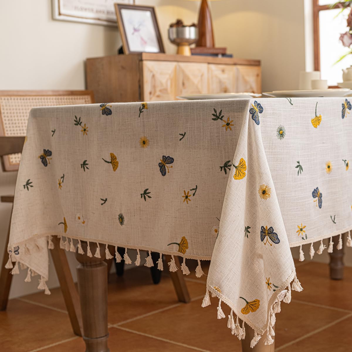 Mantel poliéster lino borlas rectangular bordado flores