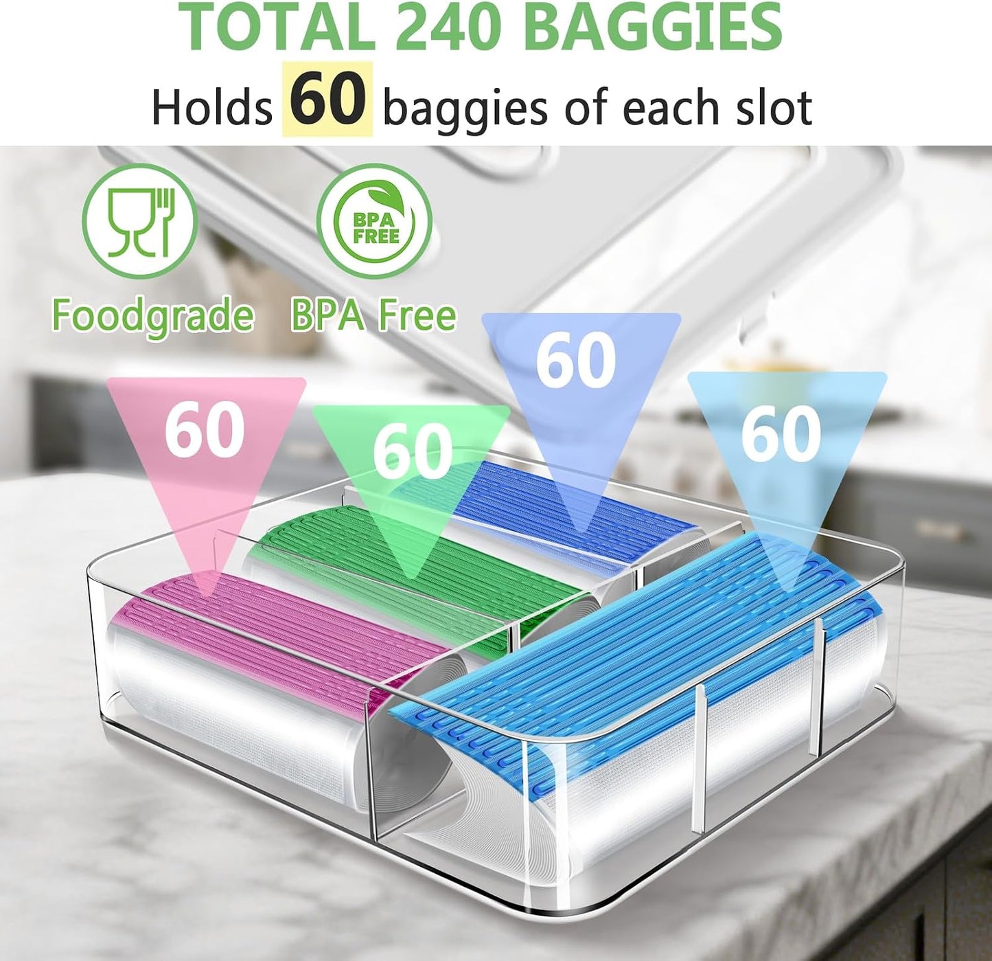 Organiz. bolsas alimento 4 compart. plástico sin BPA