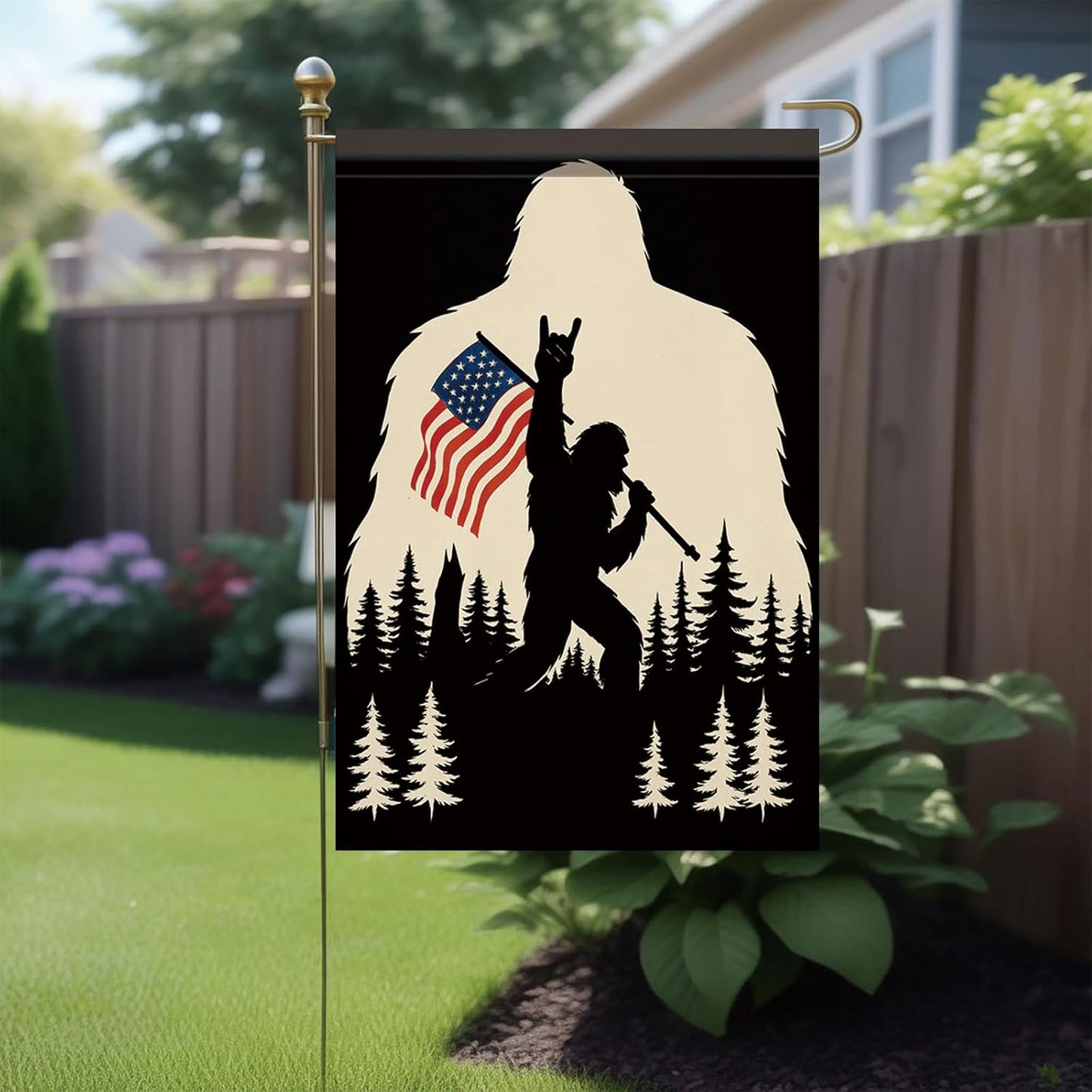 Bandera patriótica Sasquatch 12x18" doble cara exterior