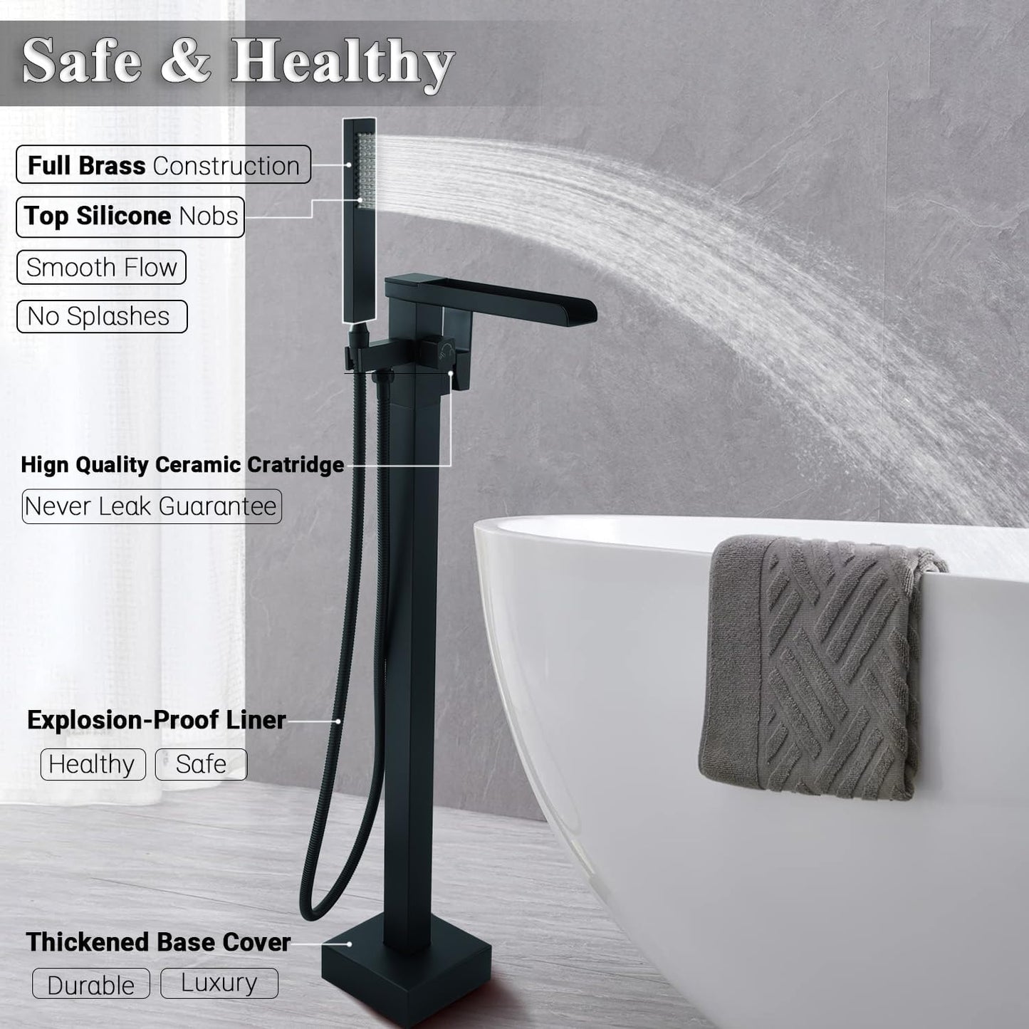 Grifo bañera independiente negro montaje piso alto flujo