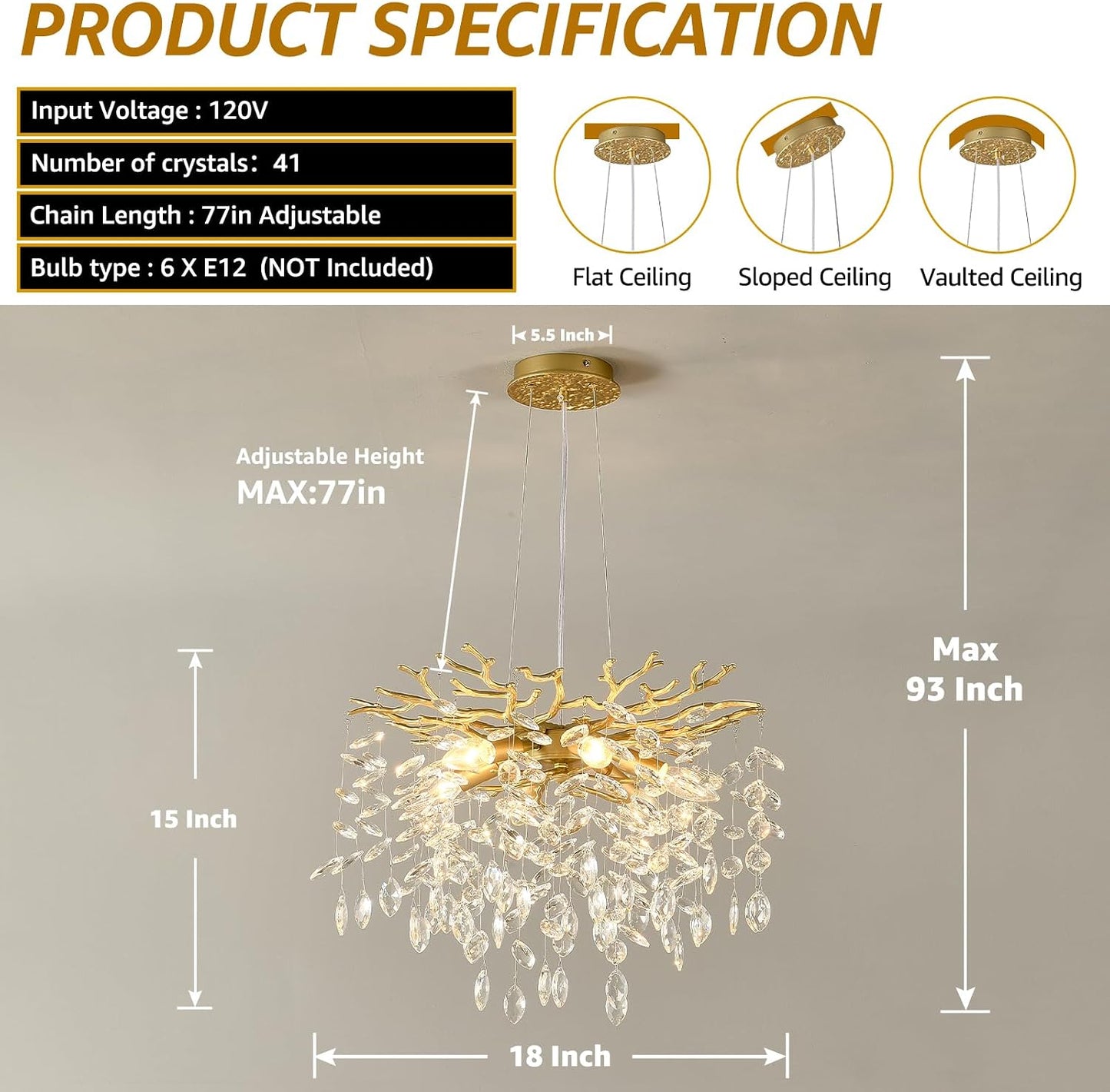 Candelabro cristal dorado 18pulg 6 luces sala