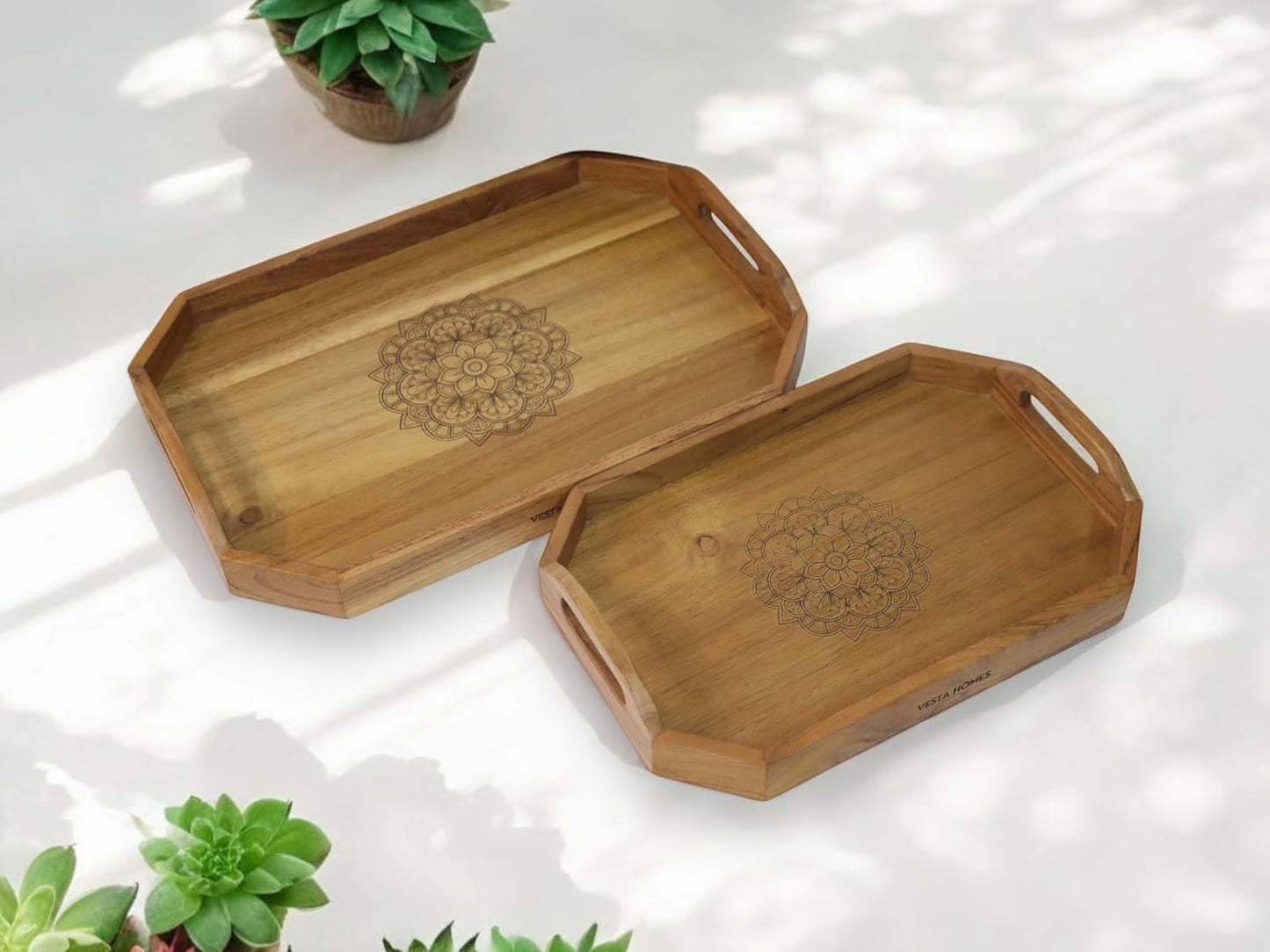 2 Pzas Bandejas Acacia Madera Hogar Mesa Comedor 48x33cm